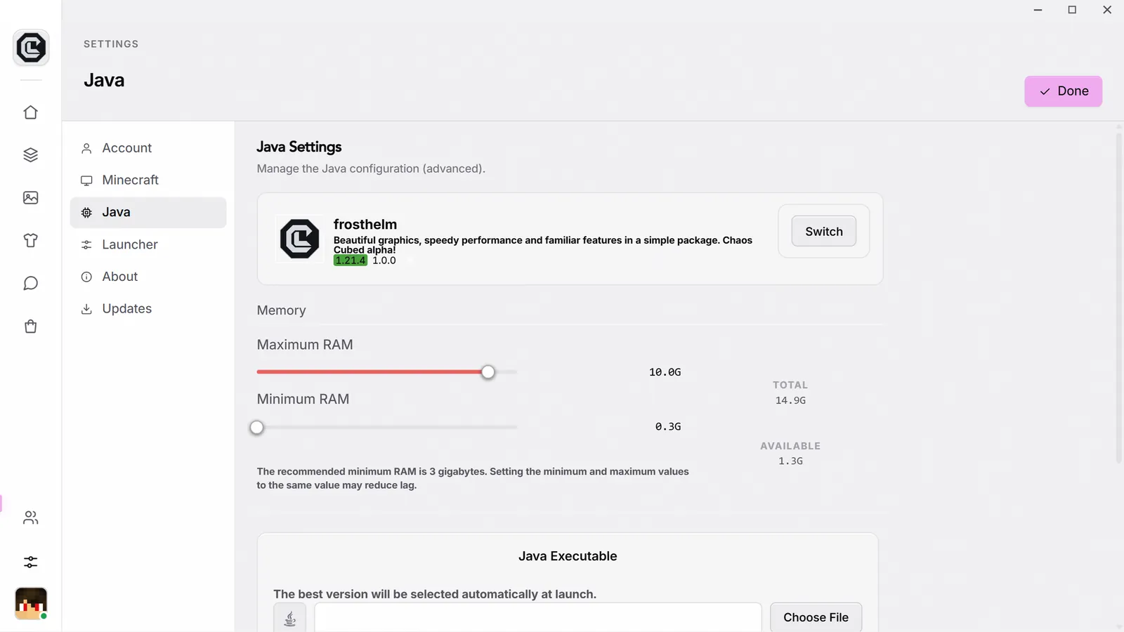 The Java settings in Nebula